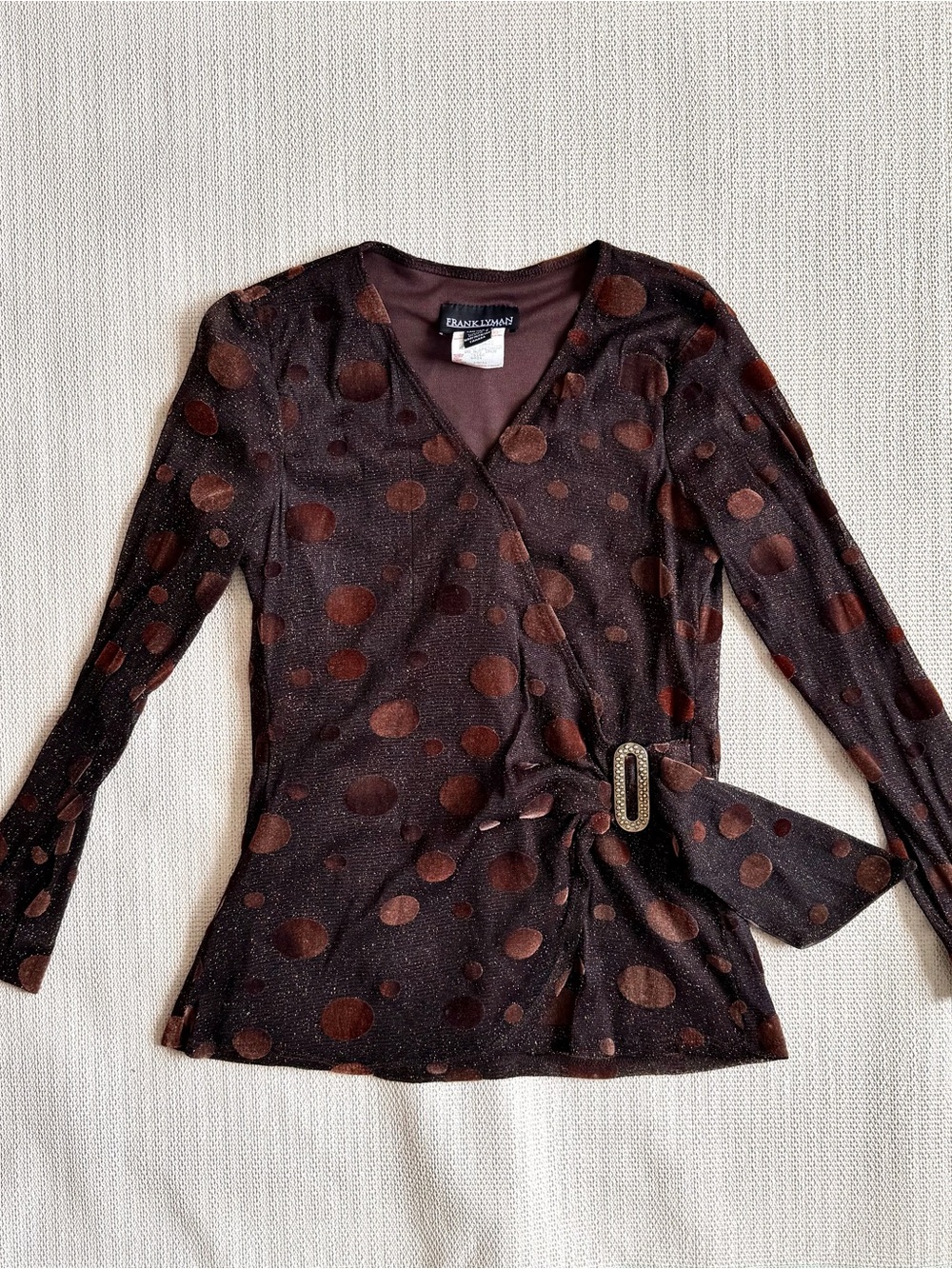 90's Polka Dot Metallic Assymetrical Belted Mesh Long sleeve Blouse